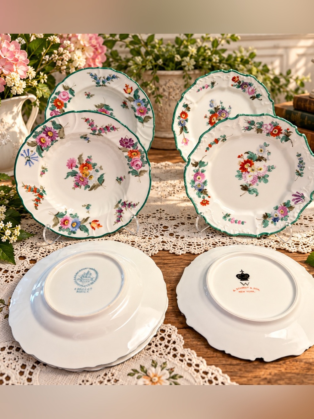 Antique Rouen R Briggs A Schmidt Floral Porcelain Bowls Plates 8 Pc Lot